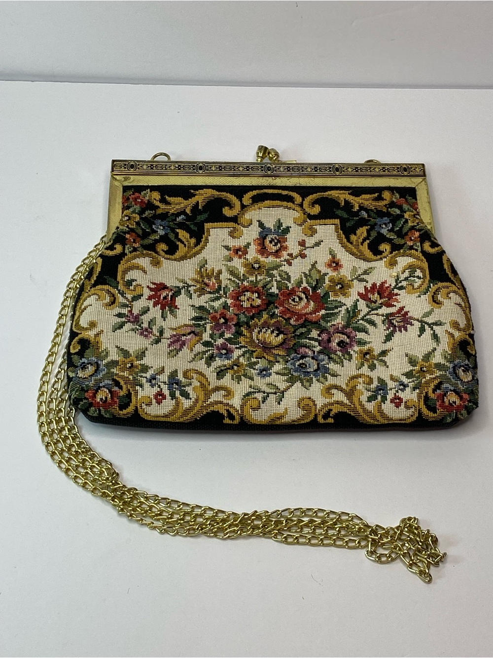 Vintage Style Floral Tapestry Purse Gold Chain Clasp Evening Bag Crossbody
